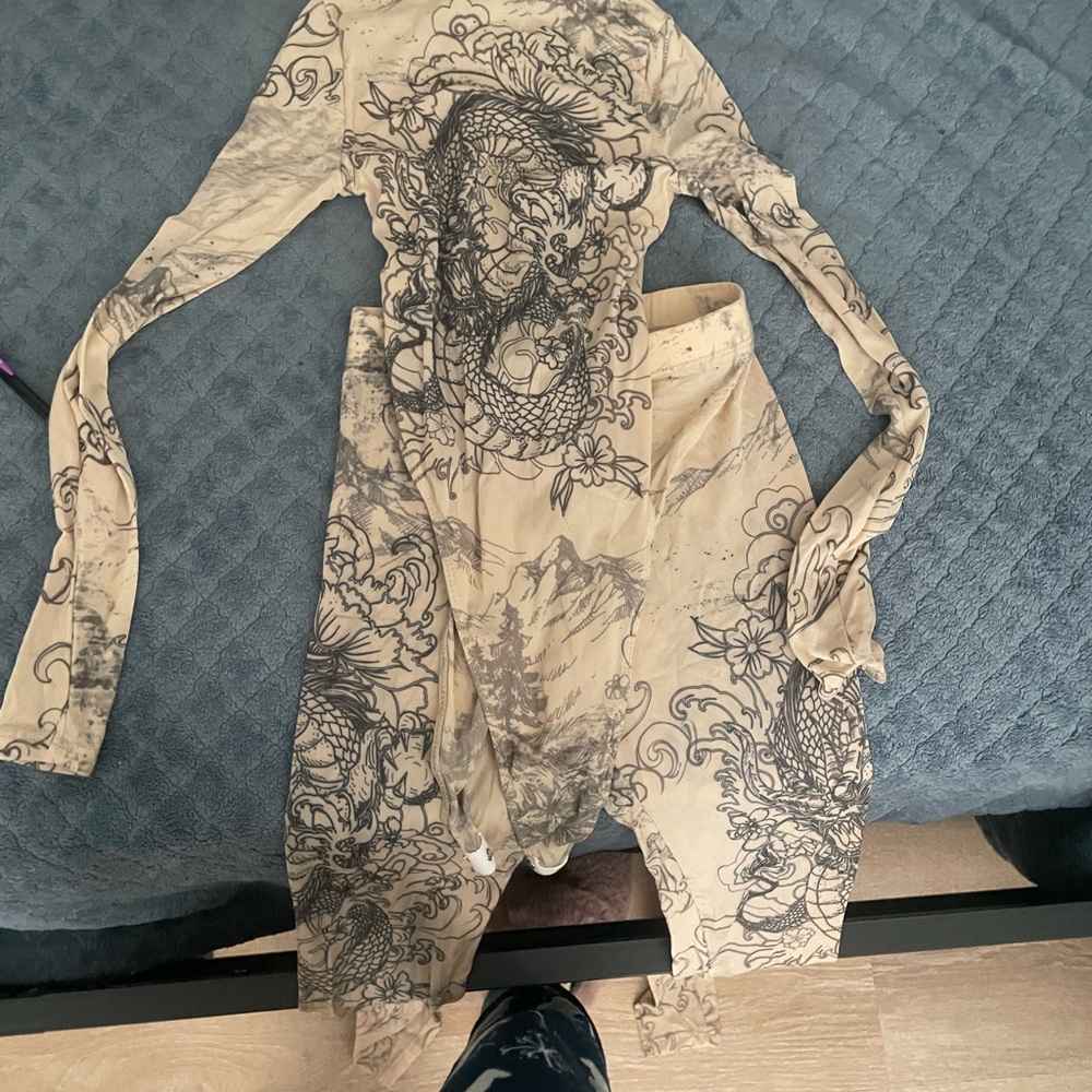 Tattoo Print Beige Bodysuit